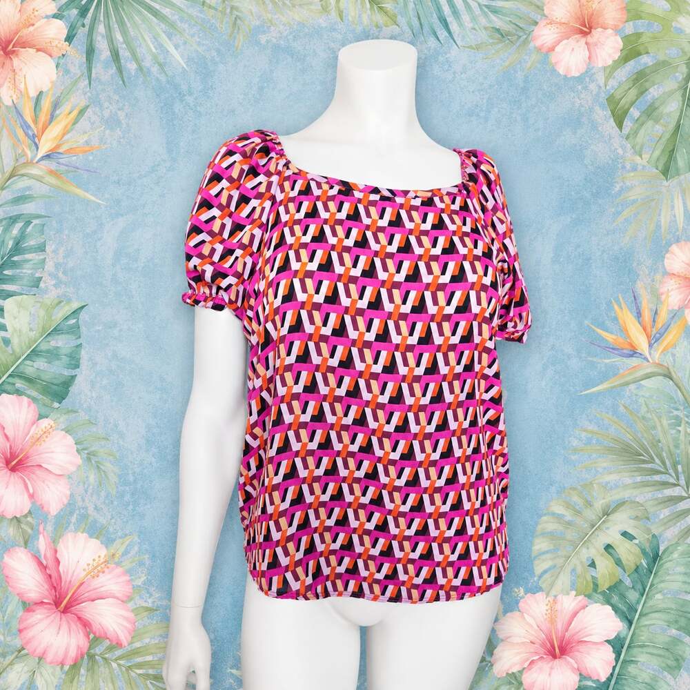 TMG New York Geometric Print Short Sleeve Square Neck Blouse Top Size 1X